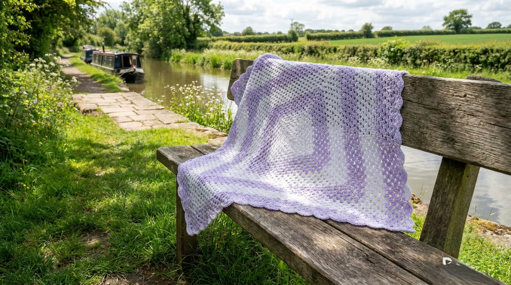 Hand Crocheted Lilac & White Concentric Square Blanket