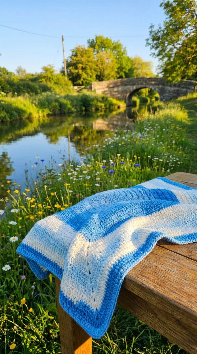 Hand Crocheted Blue Ombré Square Blanket.