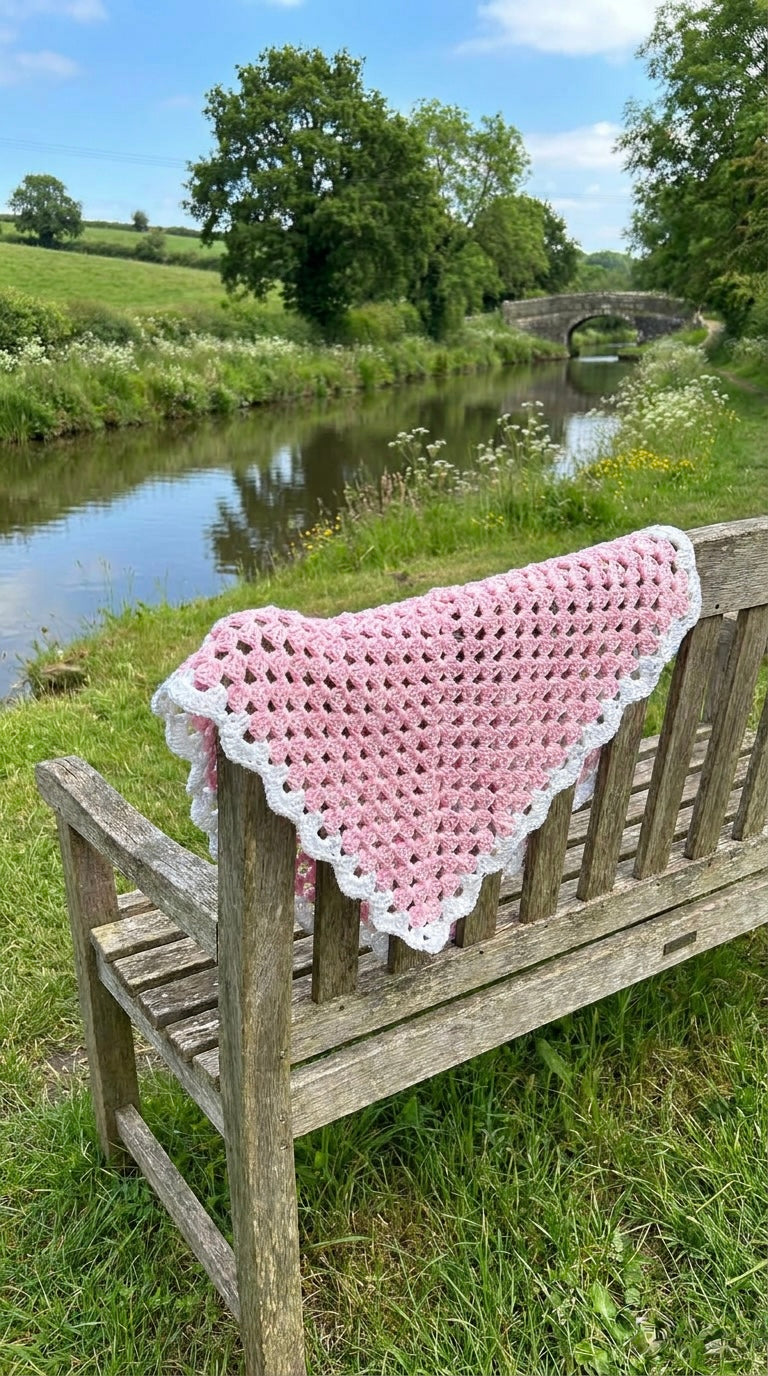 Hand Crocheted Pink & White Lacy Square Blanket