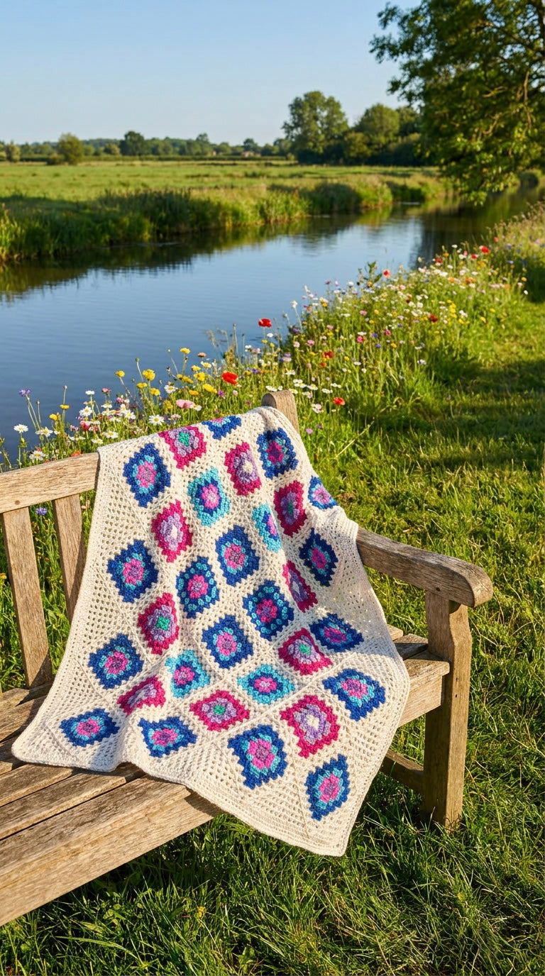 💠 Hand Crocheted Bright Diamond Granny Square Blanket