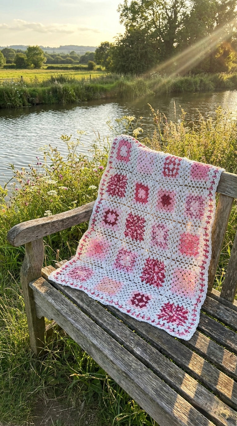 Hand Crocheted Rose & White Patchwork Blanket
