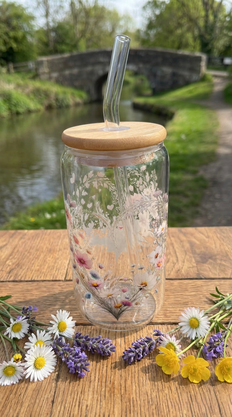 16oz Glass Tumbler - Floral Heart