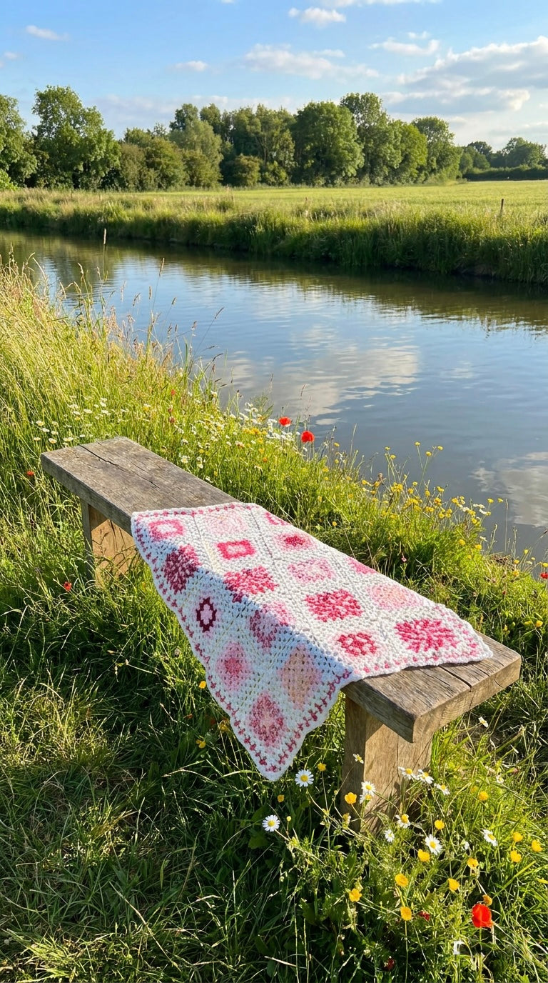 Hand Crocheted Rose & White Patchwork Blanket