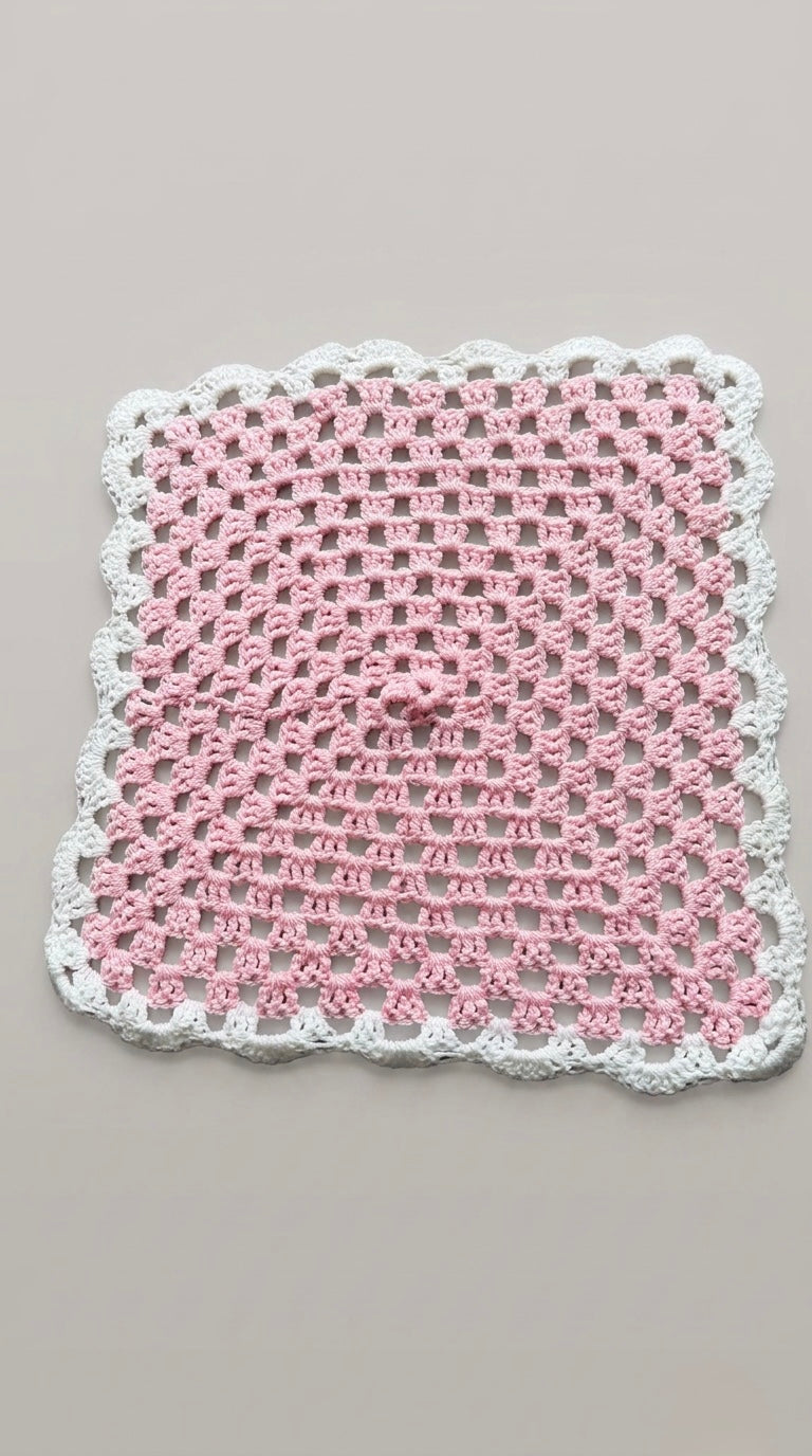 Hand Crocheted Pink & White Lacy Square Blanket