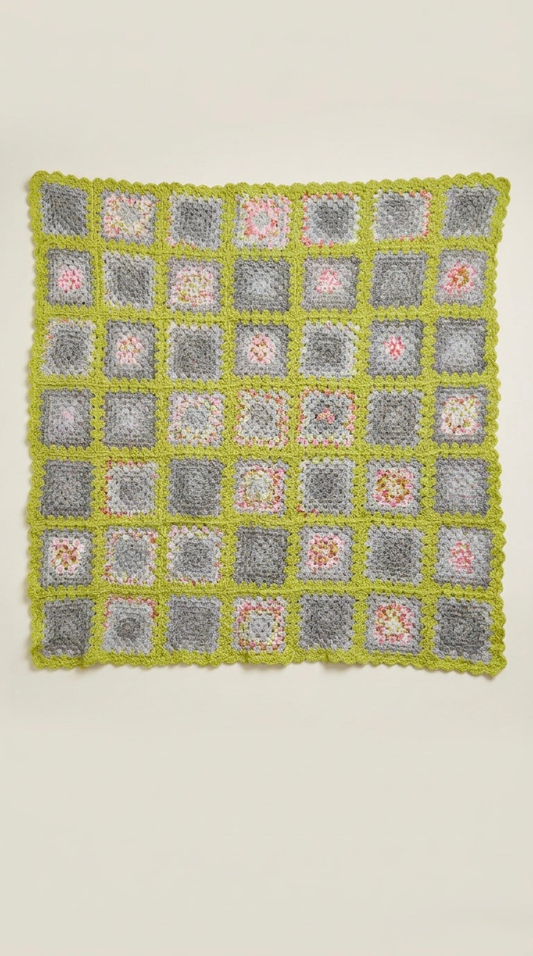 Hand Crocheted Granny Square Blanket – Grey & Lime