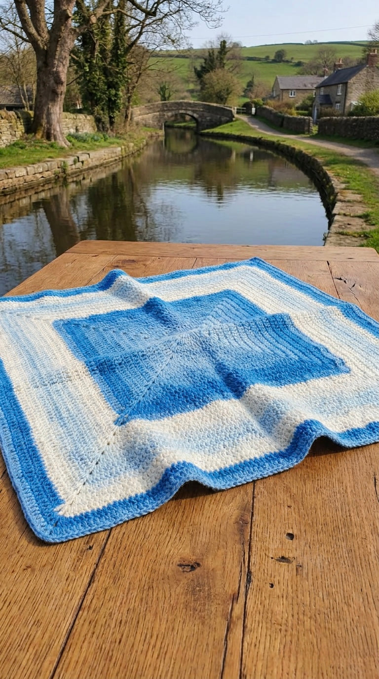 Hand Crocheted Blue Ombré Square Blanket.
