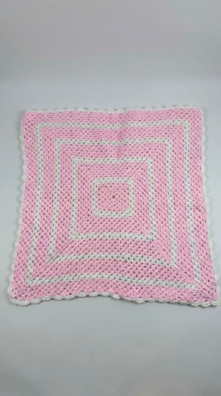 Hand Crocheted Pink & White Layered Square Blanket