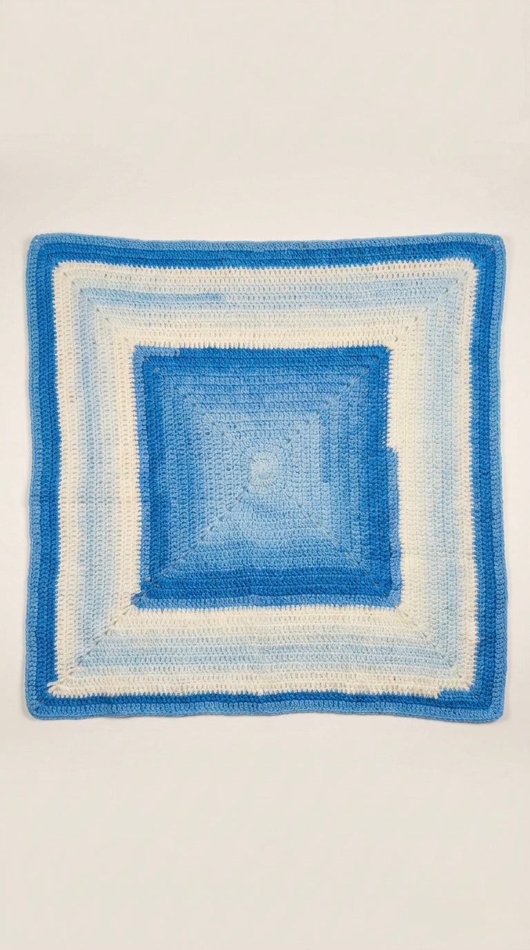 Hand Crocheted Blue Ombré Square Blanket.