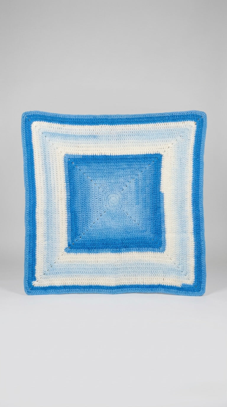 Hand Crocheted Blue Ombré Square Blanket.