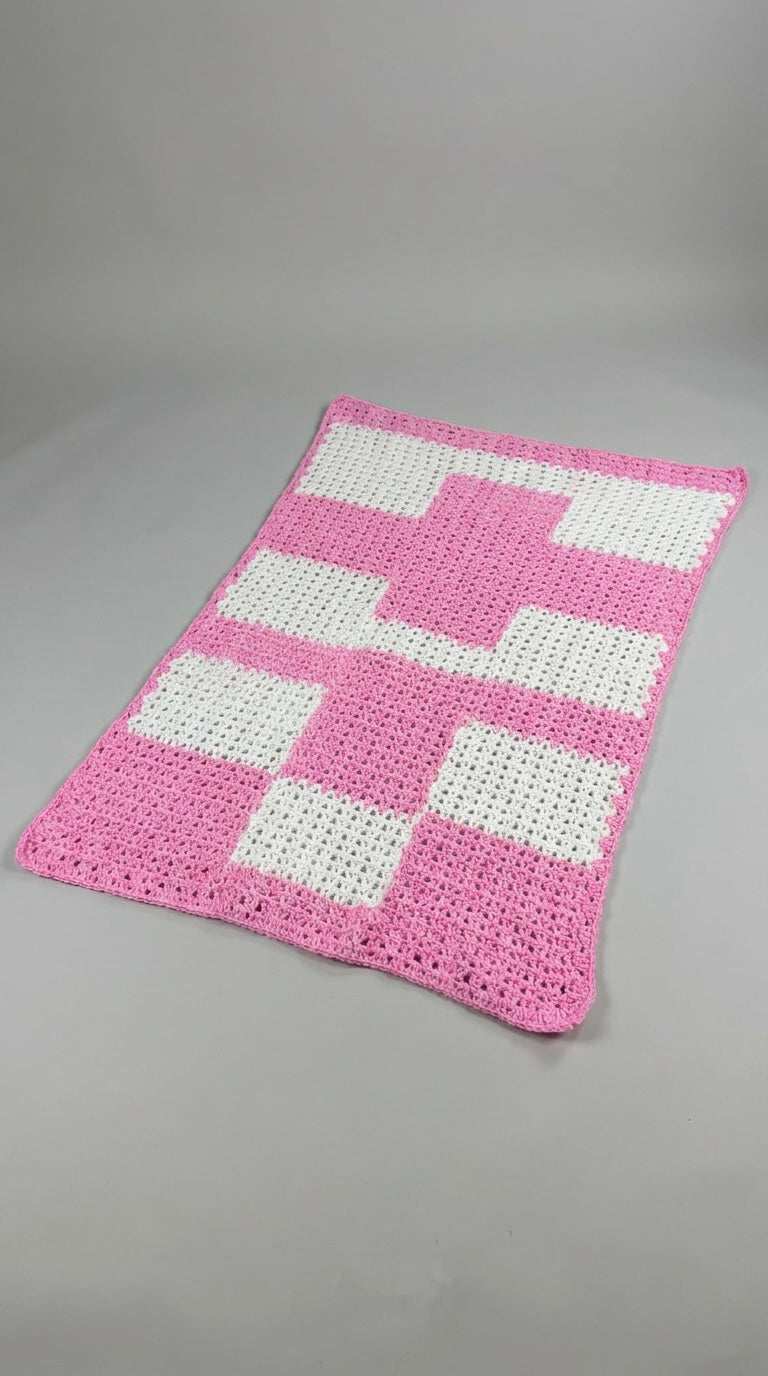 Hand Crocheted Pink & White Block Blanket