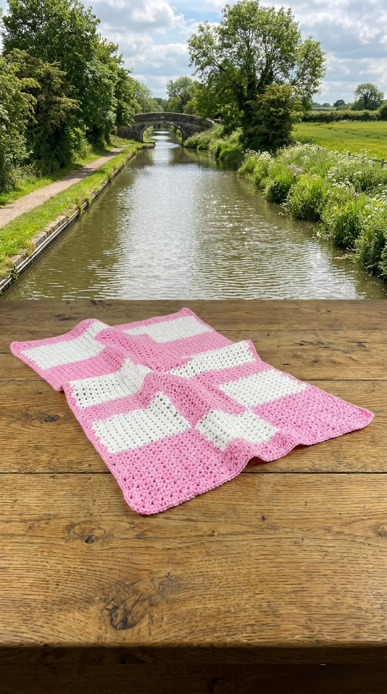 Hand Crocheted Pink & White Block Blanket