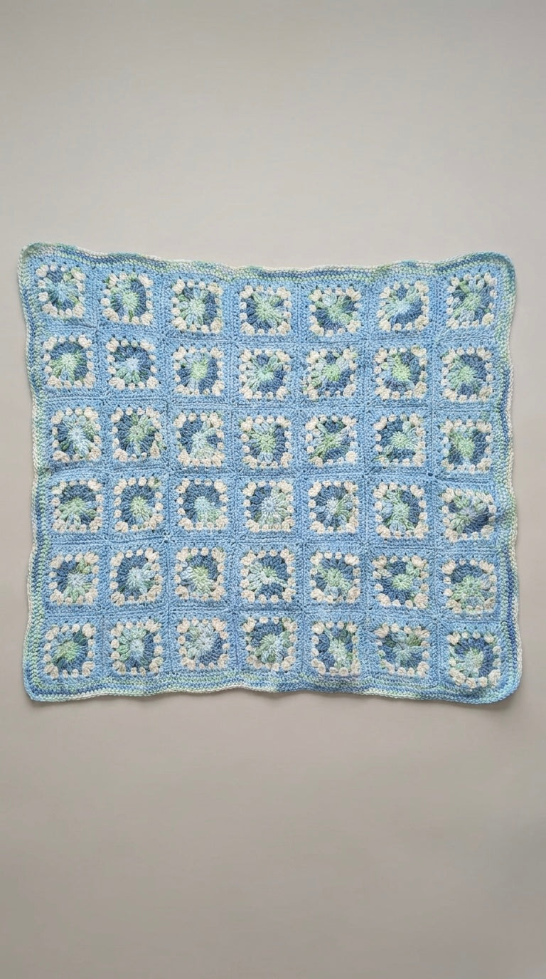 Hand Crocheted Blue Floral Granny Square Blanket