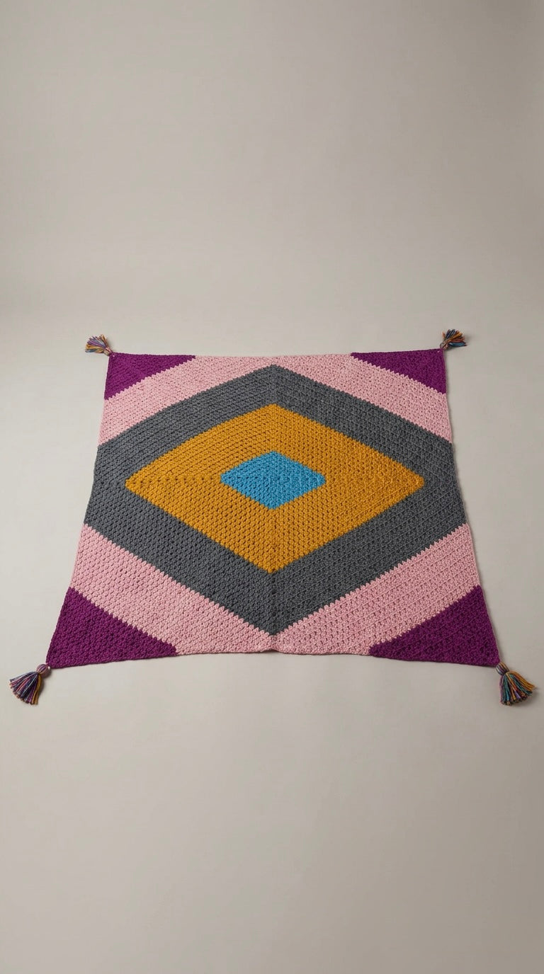 Hand Crocheted Geometric Diamond Blanket with Tassels