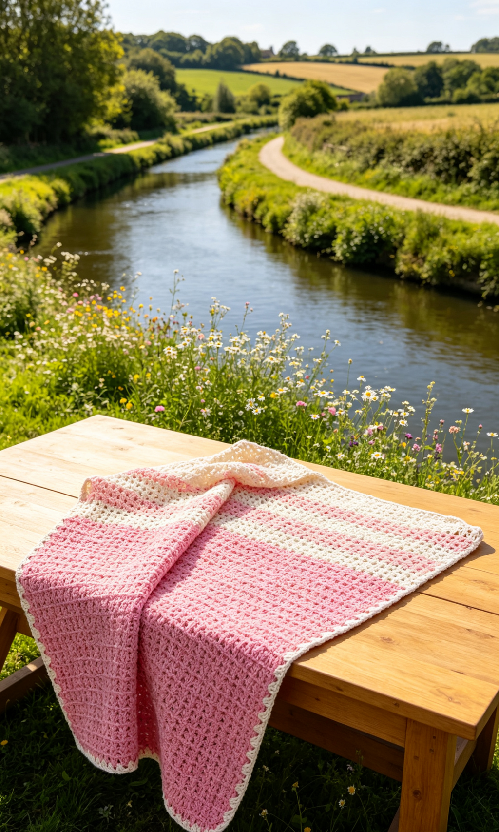 Soft Pink & White Striped Crochet Blanket – 3ft x 2ft