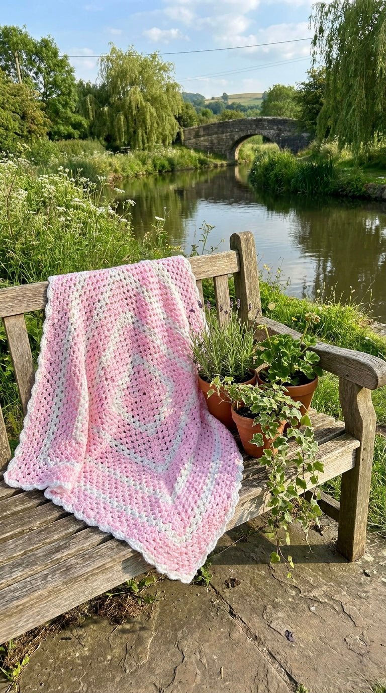 Hand Crocheted Pink & White Layered Square Blanket