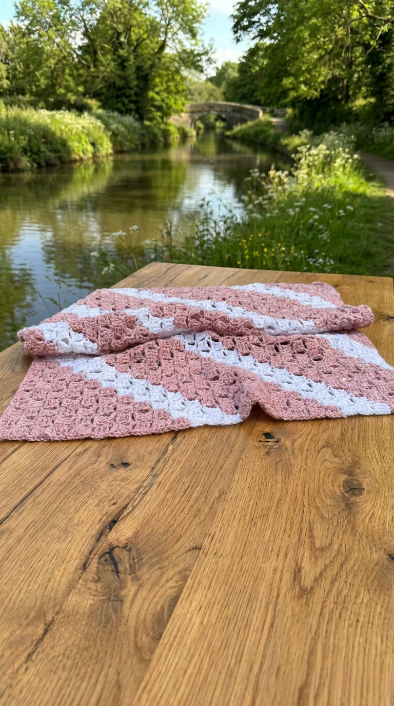 Hand Crocheted Dusky Pink Diagonal Stripe Blanket