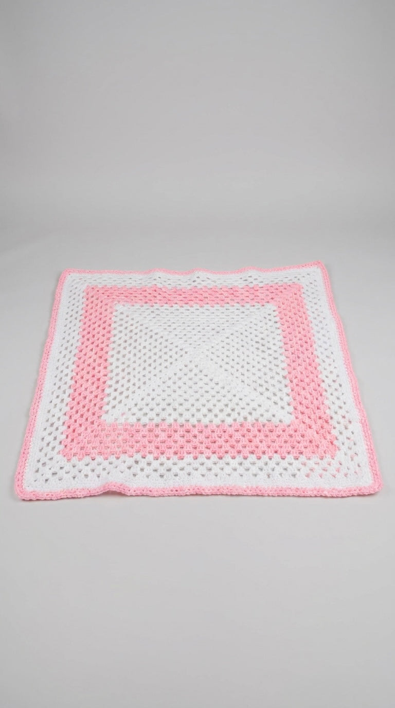 Hand Crocheted Pink & White Square Blanket