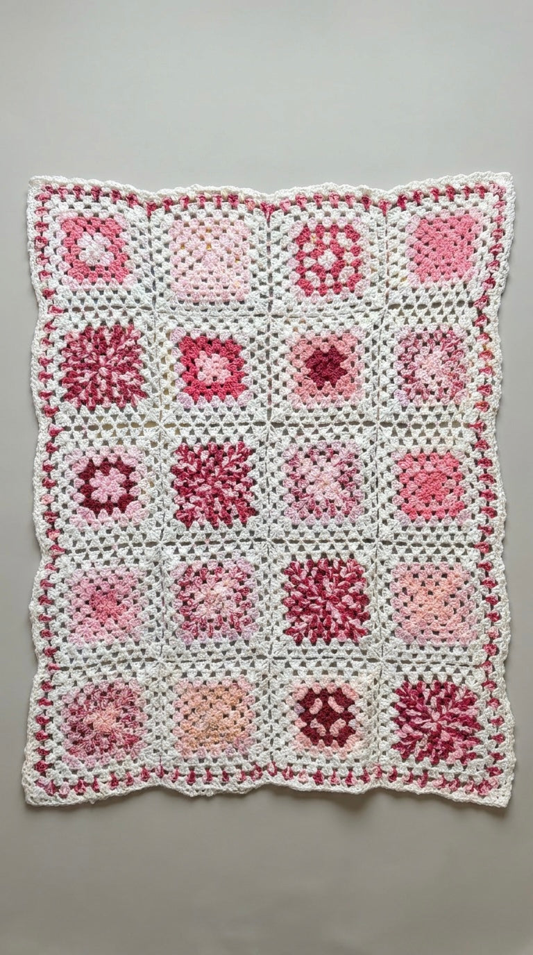 Hand Crocheted Rose & White Patchwork Blanket