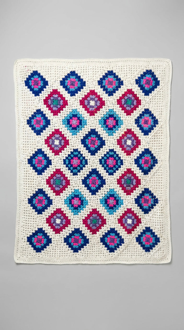 💠 Hand Crocheted Bright Diamond Granny Square Blanket