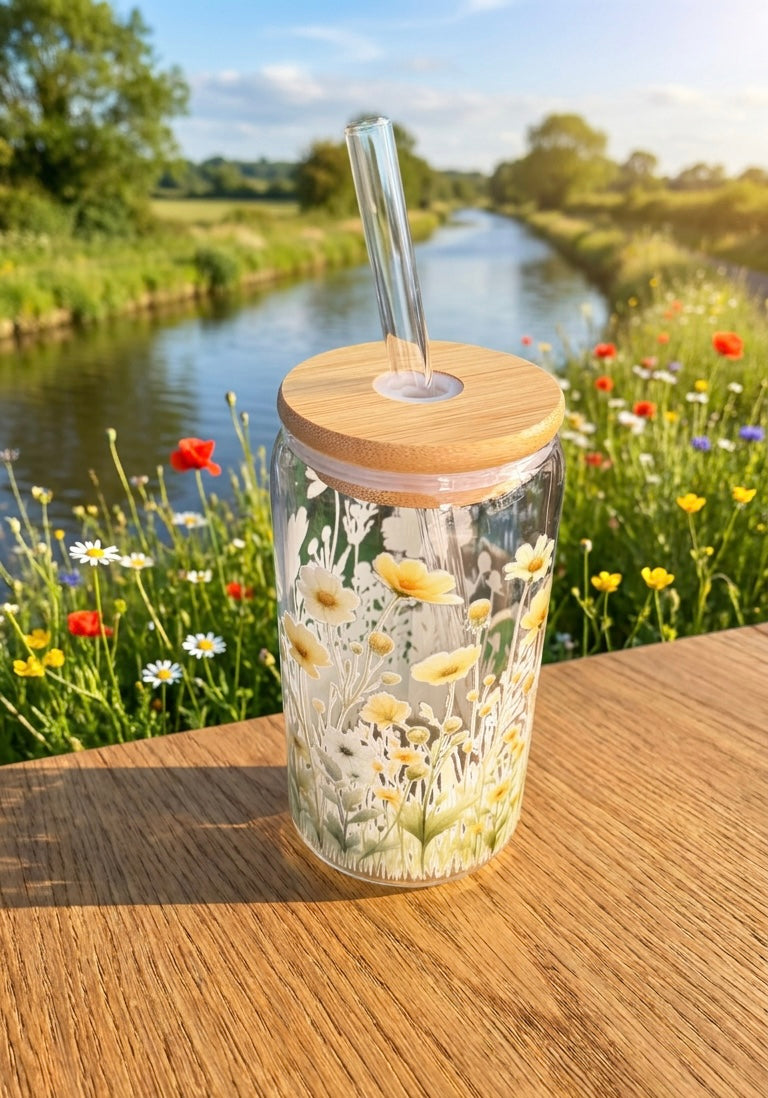 16oz Glass Tumbler - Yellow Wildflowers