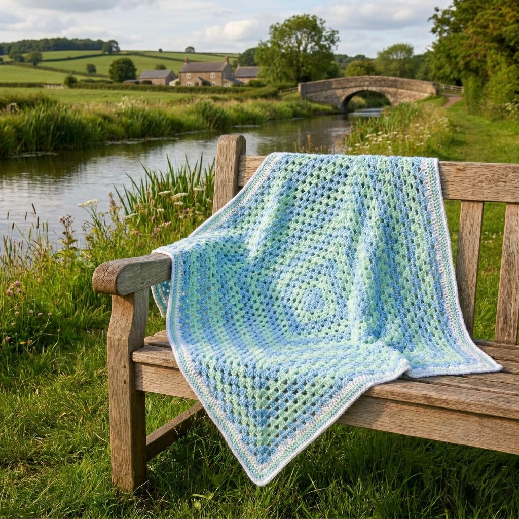 Hand Crocheted Pastel Blue & Green Square Blanket