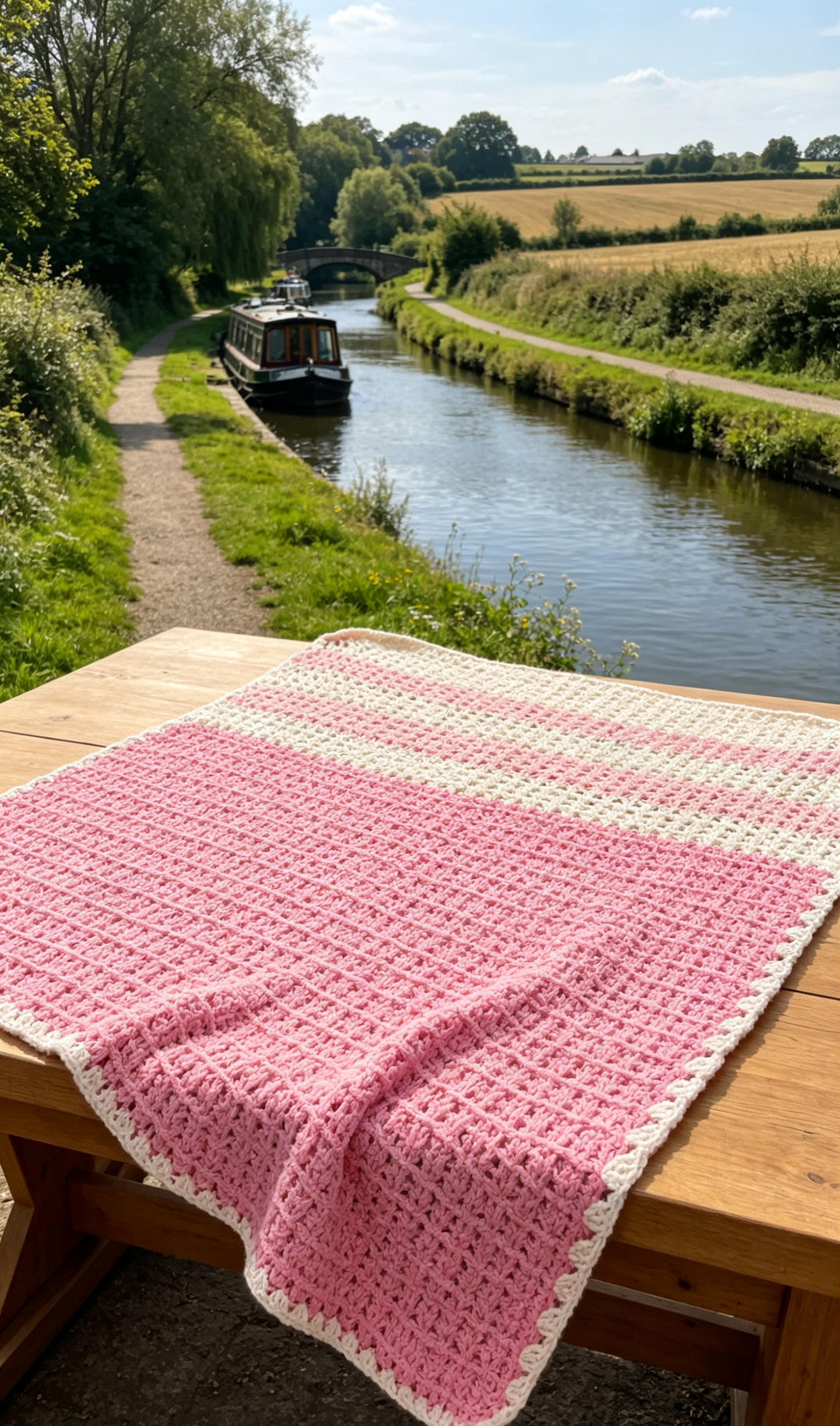 Soft Pink & White Striped Crochet Blanket – 3ft x 2ft