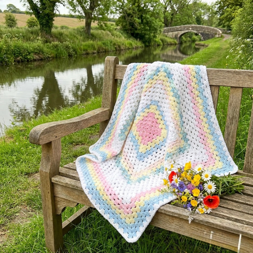 Hand Crocheted Pastel Concentric Square Blanket