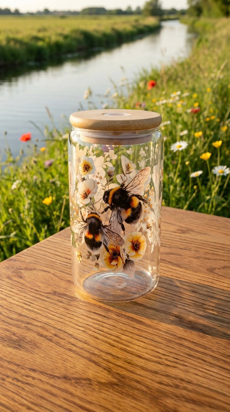 16oz Glass Tumbler - Bumblebees & Flowers